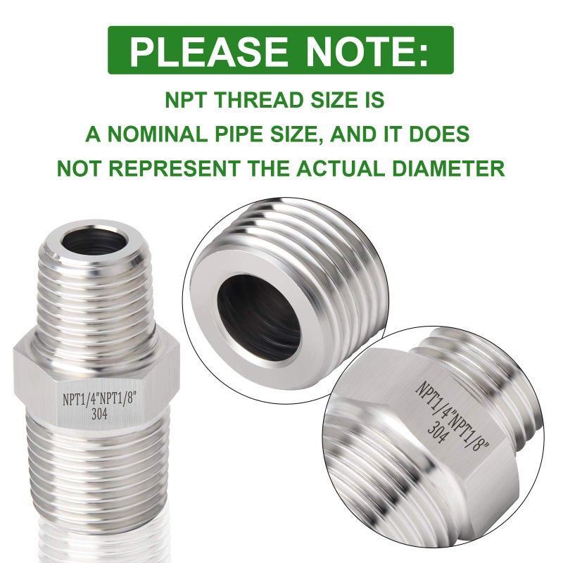 TAISHER 2PCS 304 Stainless Steel Hex Nipple, Reducer Pipe Fitting 3/8-Inch Male Pipe x 1/4-Inch Male Pipe - Image 5